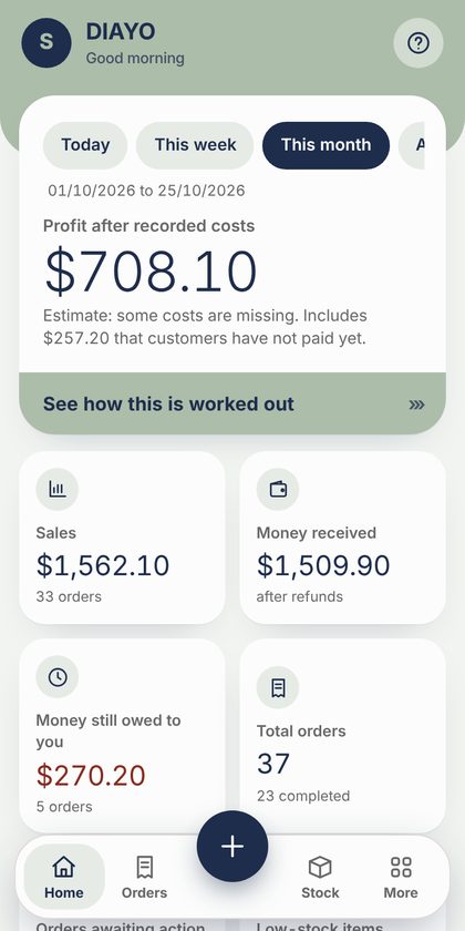 Home screen showing profit, sales and money received